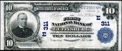 1902 $10 Plain Back | First National Bank of Gettysburg PA | Charter #311 | Fr. 624 | High Grade | Civil War Collector's Dream