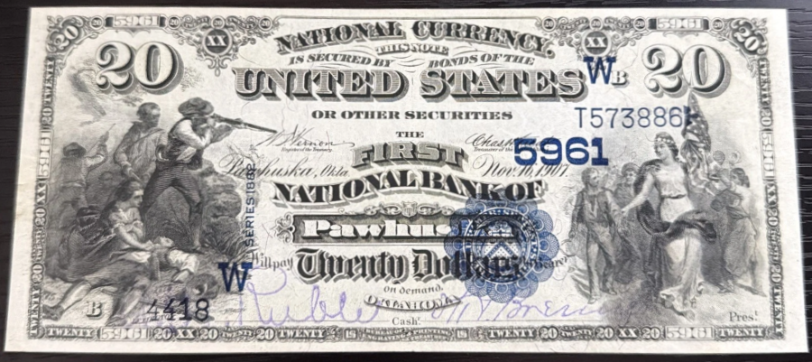 1882 $20 First National Bank Pawhuska Oklahoma National Currency Value Back 1 of 3 Known CN# 5961 RARE – Only 27 Total Notes Survive – Graded 45 in 1997