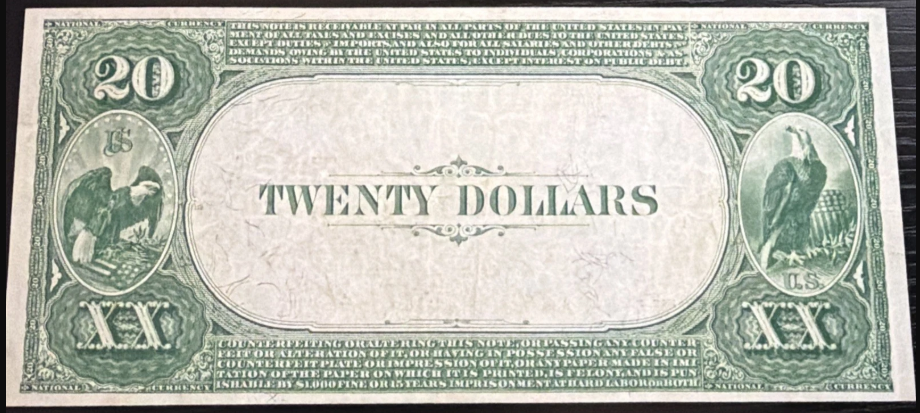 1882 $20 First National Bank Pawhuska Oklahoma National Currency Value Back 1 of 3 Known CN# 5961 RARE – Only 27 Total Notes Survive – Graded 45 in 1997