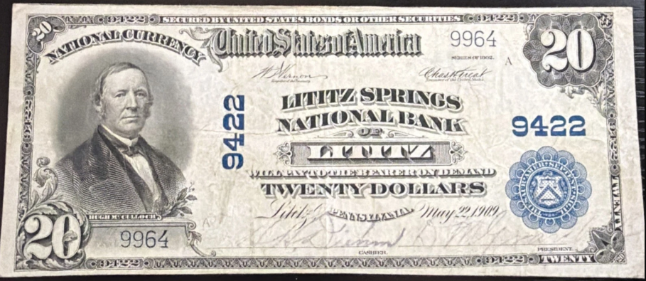 1902 $20 Lititz Springs National Bank Lititz PA National Currency CH# 9422 – ONLY ONE KNOWN FROM THIS BANK – Only 34 Total Notes Survive