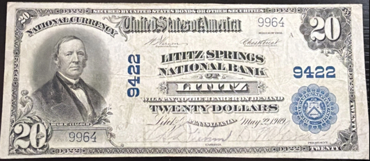 1902 $20 Lititz Springs National Bank Lititz PA National Currency CH# 9422 – ONLY ONE KNOWN FROM THIS BANK – Only 34 Total Notes Survive