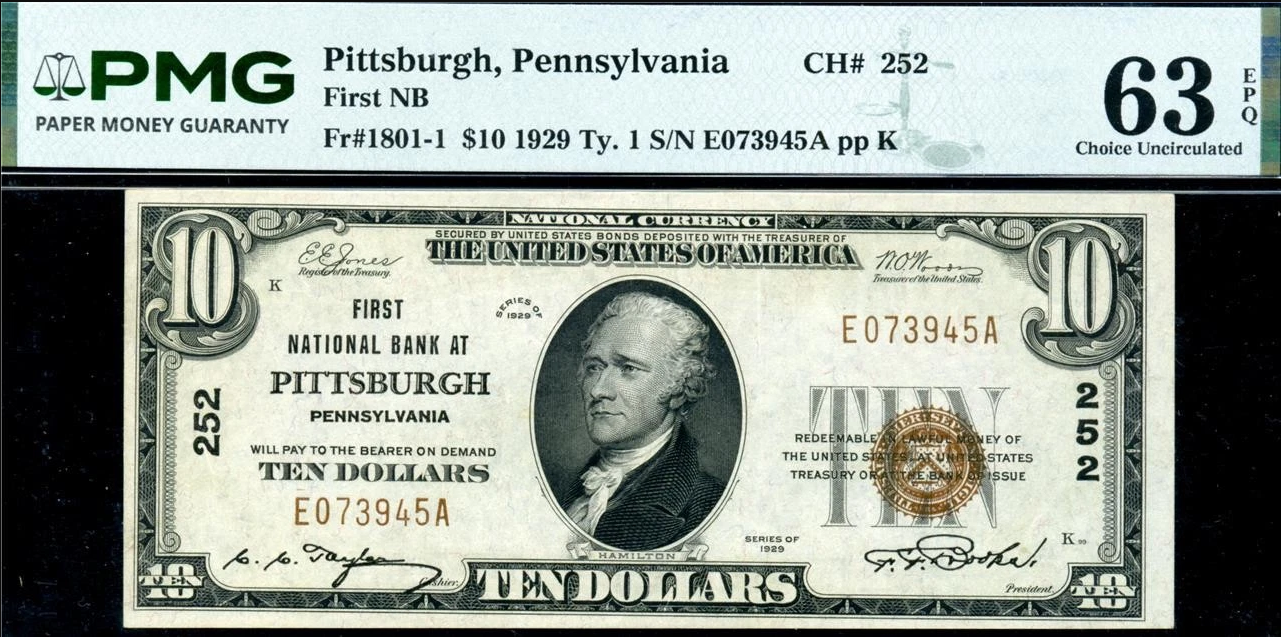 1929 $10 First National Bank Pittsburgh PA Fr. 1801-1 Type 1 PMG Choice Uncirculated 67 EPQ Misalignment Error RARE