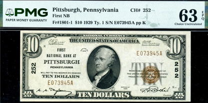 1929 $10 First National Bank Pittsburgh PA Fr. 1801-1 Type 1 PMG Choice Uncirculated 67 EPQ Misalignment Error RARE
