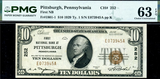 1929 $10 First National Bank Pittsburgh PA Fr. 1801-1 Type 1 PMG Choice Uncirculated 67 EPQ Misalignment Error RARE
