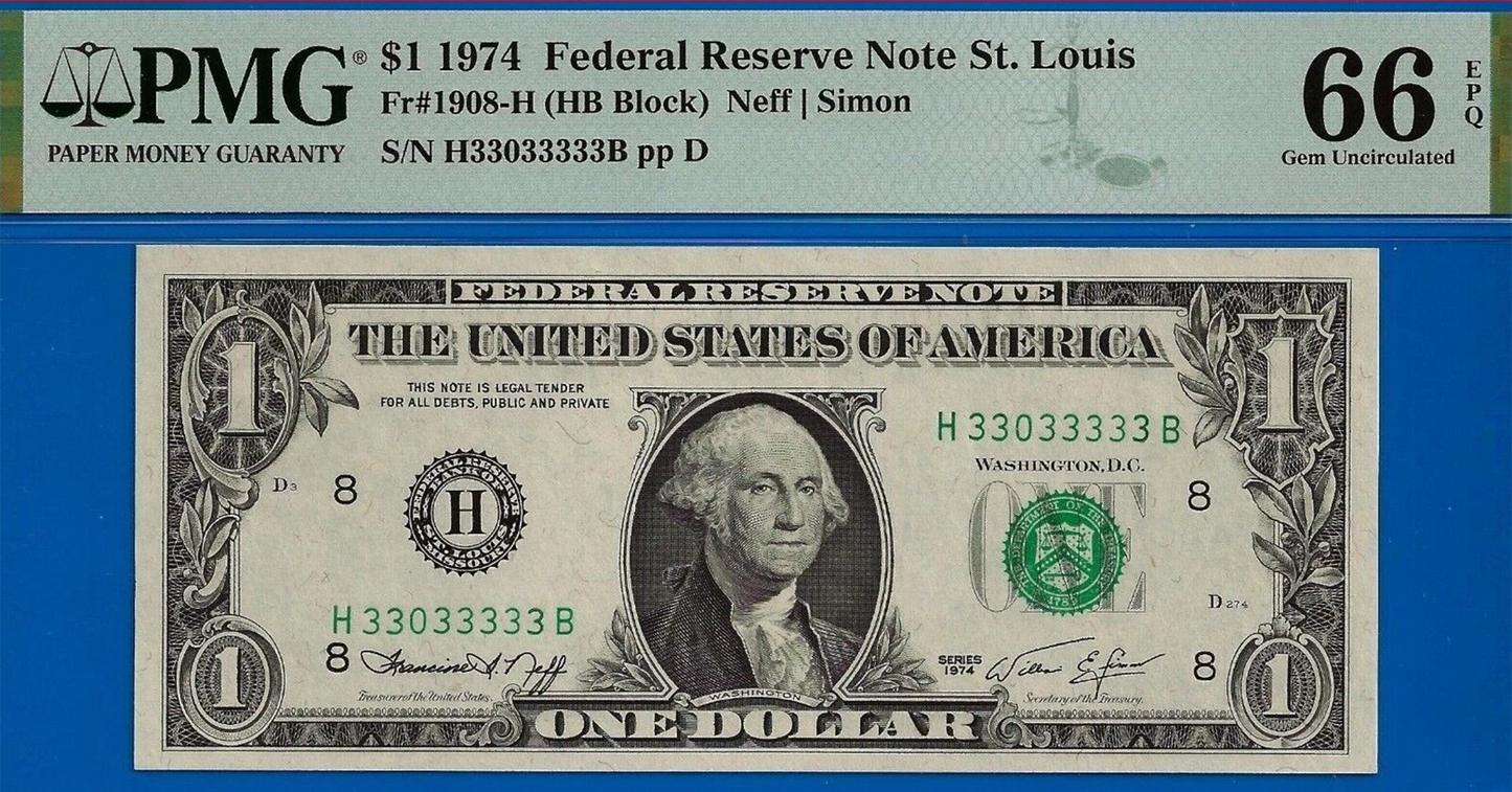 1974 $1 Federal Reserve Note PMG 66 EPQ Near Solid Serial Number 33033333 Fancy Serial