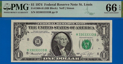 1974 $1 Federal Reserve Note PMG 66 EPQ Near Solid Serial Number 33033333 Fancy Serial