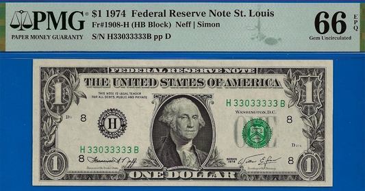 1974 $1 Federal Reserve Note PMG 66 EPQ Near Solid Serial Number 33033333 Fancy Serial