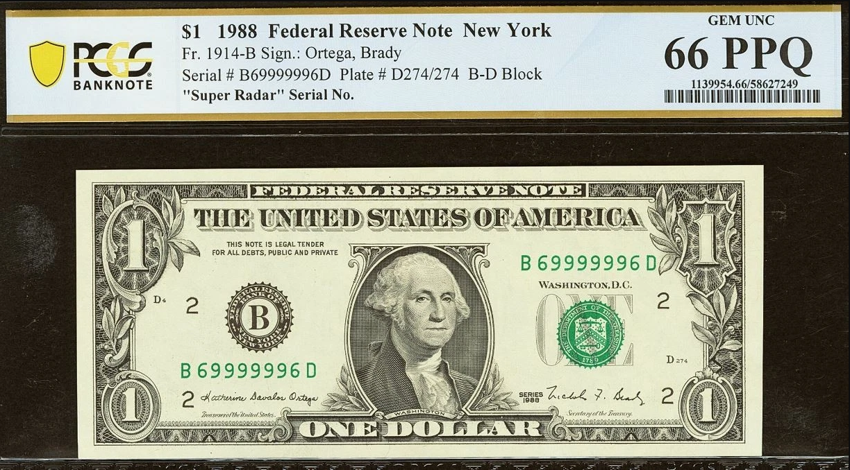 1988 $1 Federal Reserve Note PCGS 66 PPQ Super Radar Flipper Serial 69999996 Fancy Serial Rarity