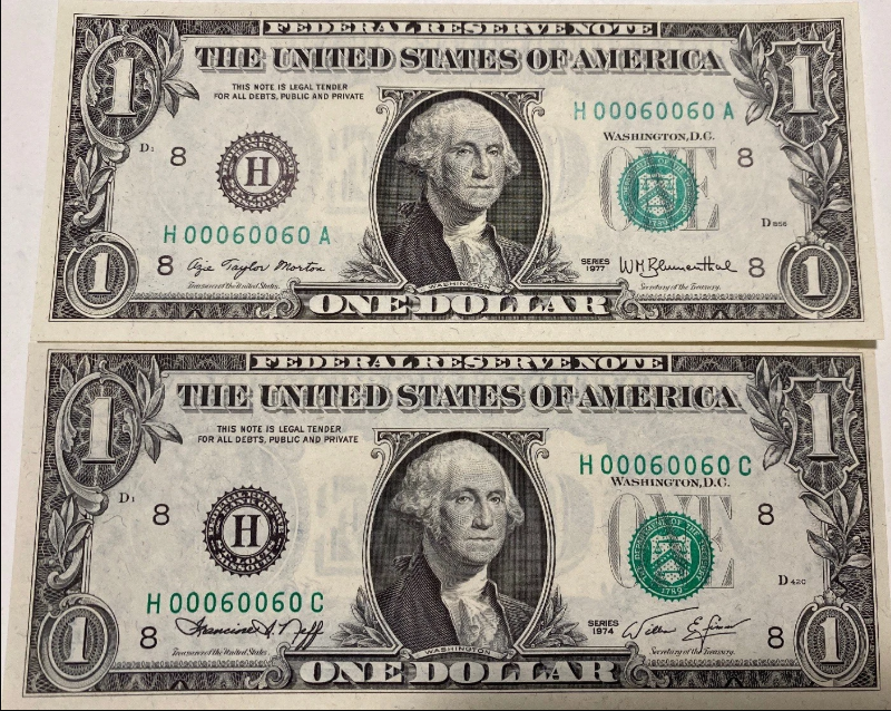 1977/74 $1 Federal Reserve Note Error Seal Down Crisp UNC Double Match Serial 00060060 Super Rare