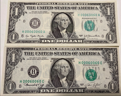 1977/74 $1 Federal Reserve Note Error Seal Down Crisp UNC Double Match Serial 00060060 Super Rare