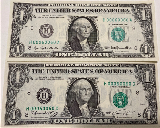 1977/74 $1 Federal Reserve Note Error Seal Down Crisp UNC Double Match Serial 00060060 Super Rare