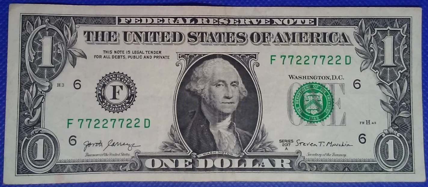 2017A $1 Federal Reserve Note Binary Repeater Fancy Serial F77227722D Crisp Uncirculated Rare