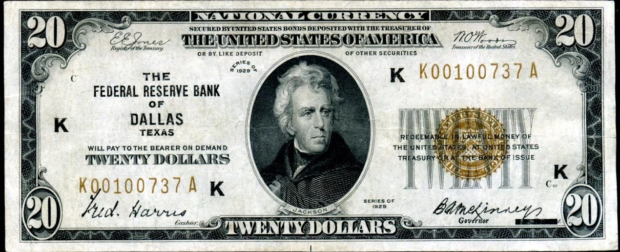 1929 $20 Federal Reserve Bank Note Dallas Texas Key Rarity Back Alignment Error Serial K00100737A Very Lightly Circulated
