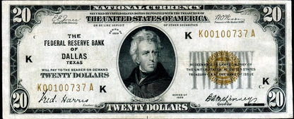 1929 $20 Federal Reserve Bank Note Dallas Texas Key Rarity Back Alignment Error Serial K00100737A Very Lightly Circulated