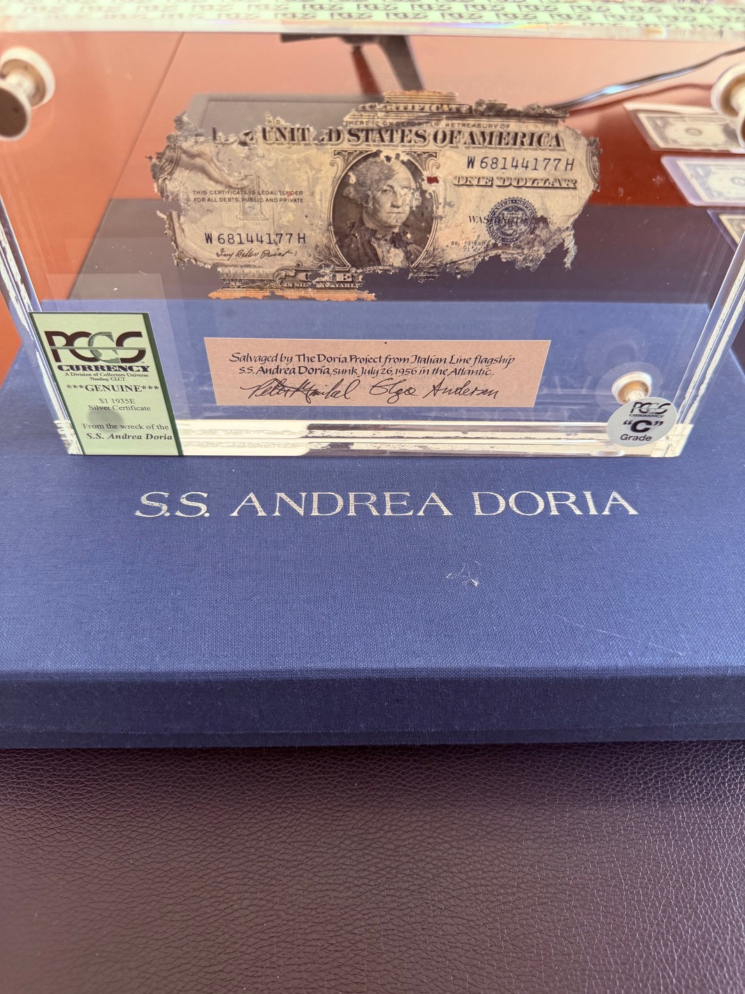 S.S. Andrea Doria Shipwreck Currency U.S. $1 Silver Certificate PCGS Genuine COMPLETE SET w/ Glass Display Case, COA, Paperwork & Box