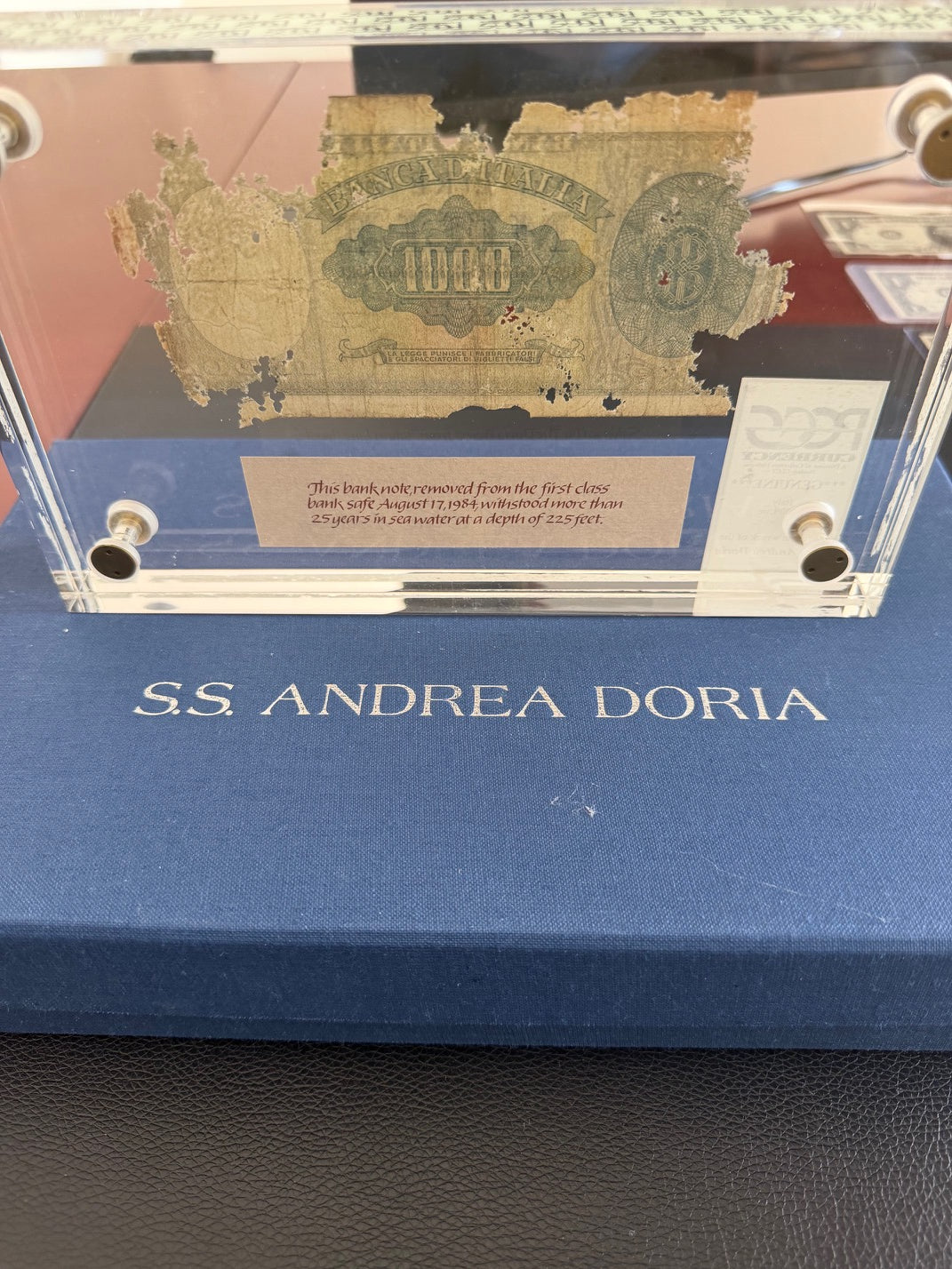 S.S. Andrea Doria Shipwreck Currency Italian 1000 Lire PCGS Genuine COMPLETE SET w/ Glass Display Case, COA, Paperwork & Box